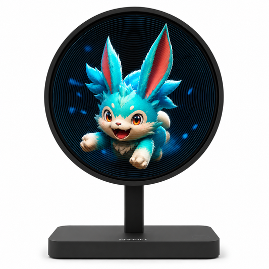 Holo Orb displaying a blue 3D anime character on a black desktop stand